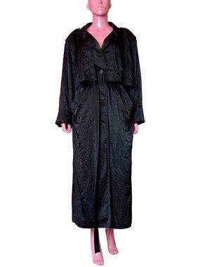 Vintage 80s XL Maxi Trench Coat Black Crinkle Nylon Single Breasted Rain Jacket
